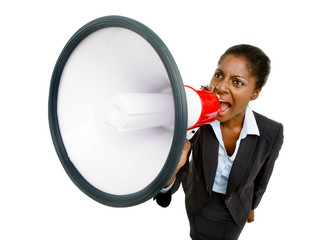 african american business woman holding megaphone isolated on wh