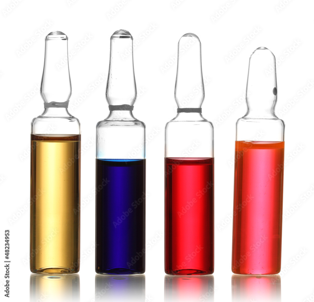 medical ampules with bright liquid, isolated on white