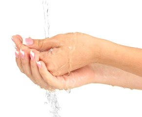 Washing woman's hands on white background close-up