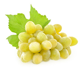 Canvas Print - Ripe grapes with leaves, Isolated on white background