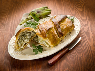 Poster - strudel with artichoke and ricotta, vegetarian food