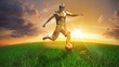 Fussballspieler Gold auf Spielfläche im Sonnenuntergang