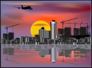 Wall Mural - modern city and flying airplane