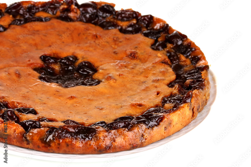 Tasty pie on plate isolated on white