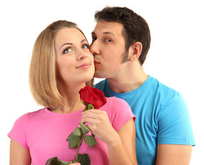 Poster - Loving couple with rose isolated on white