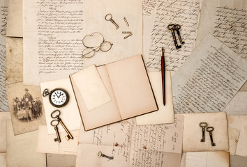 open book, vintage accessories, old letters