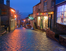 Main Street In Haworth, Yorkshire, UK, At Christmas Time