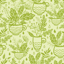 Vector Green Tea Cups Seamless Pattern Background With Hand