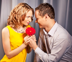 attractive  couple of lovers. Man presents flower. Valentine s d