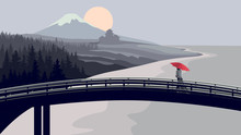 Bridge, Woman With Red Umbrella, Mountains And Sea.
