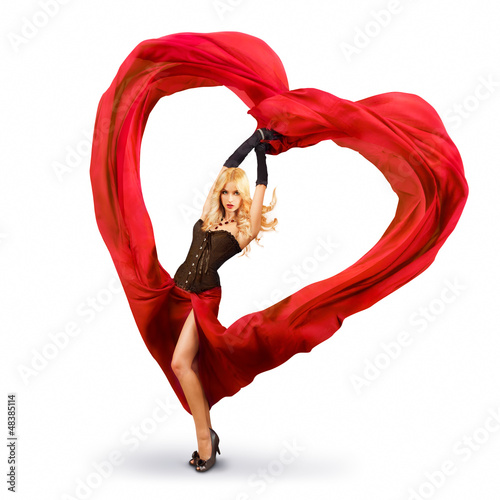 Fototapeta na wymiar Young Woman with Red Silk Valentine Heart