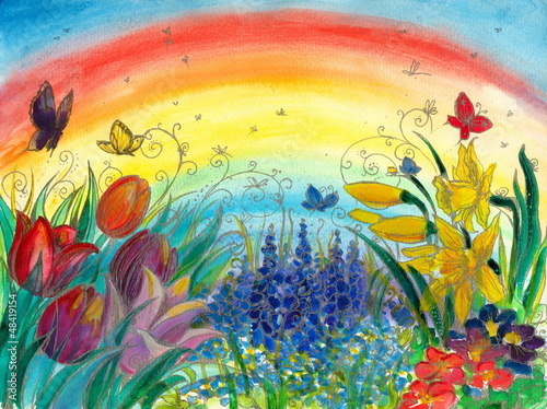 Obraz w ramie Spring garden-watercolors