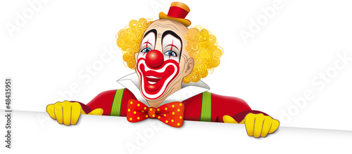 Fotografía Clown sorridente con cartello bianco