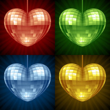 Disco Heart Set. Vector Mirror Disco Ball In The Shape Of Heart