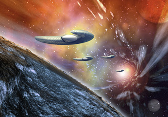 Wall Mural - alien planet and spaceships - computer artwork