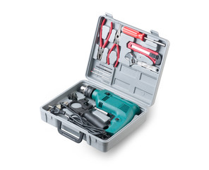 A box of drill and accessories.