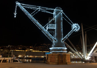 Wall Mural - gru nel porto antico di Genova con illuminazione natalizia