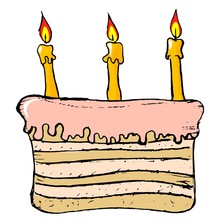 Hand Drawn, Vector, Cartoon Image Of Birthday Cake