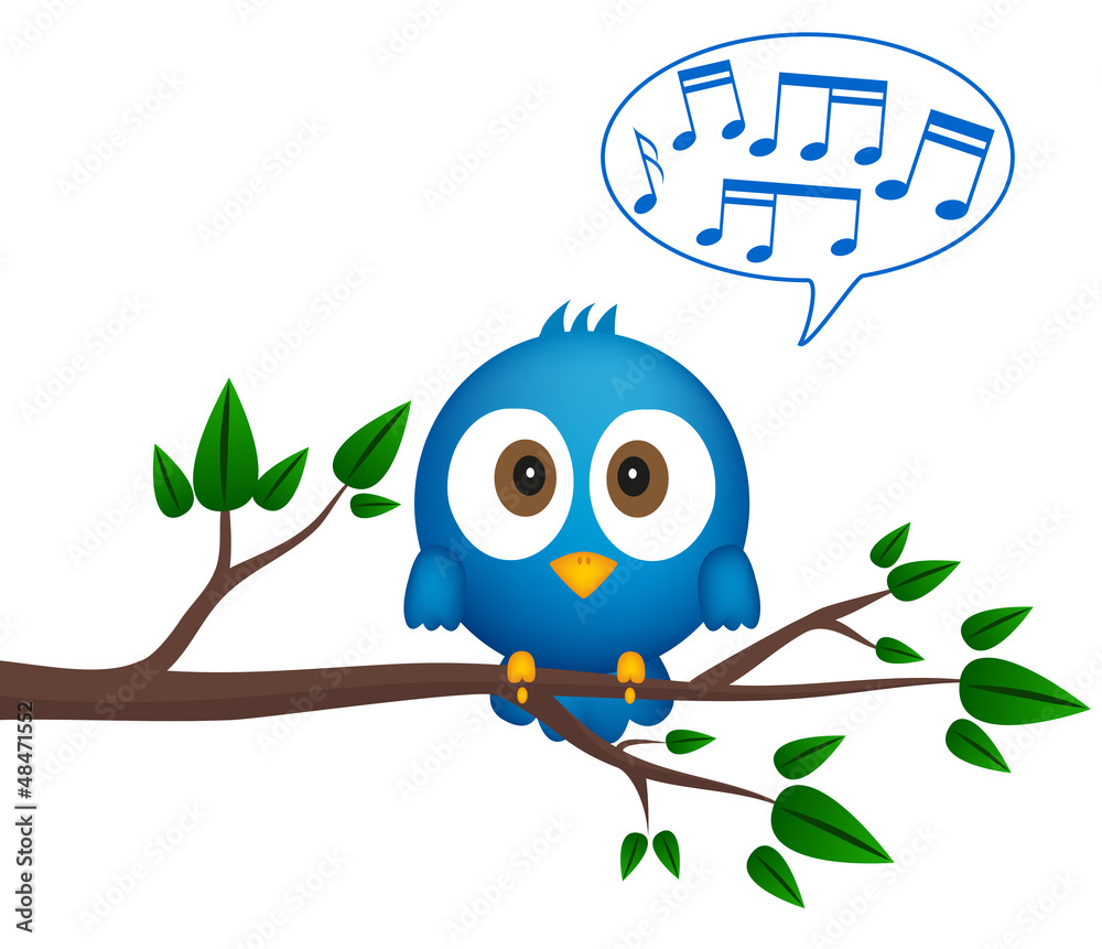 Blue bird sitting on twig, singing - obrazy, fototapety, plakaty 