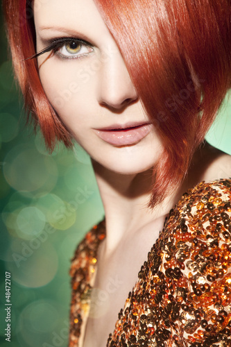 Naklejka - mata magnetyczna na lodówkę Beautiful young woman with strong, heathy red hair