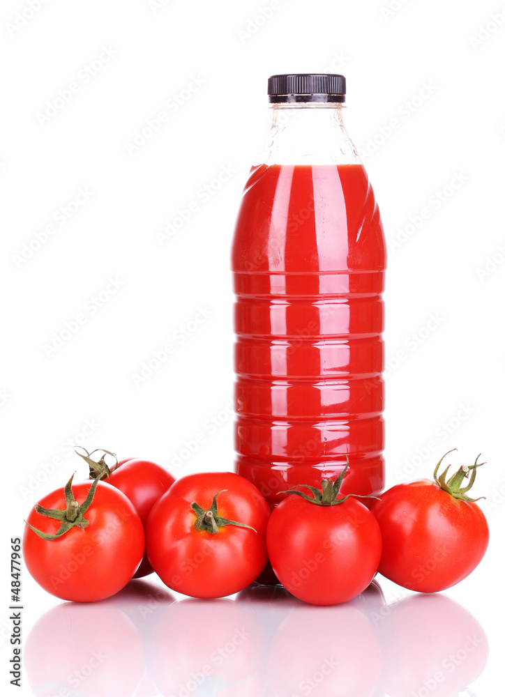 Tomato juice in bottle isolated on white