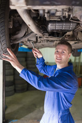 Poster - Mechanic in coveralls working under car