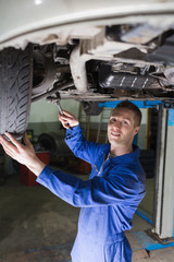 Poster - Confident mechanic repairing car