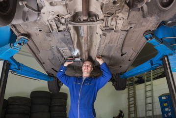 Poster - Mechanic inspecting under car