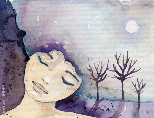 abstrakcyjny-artystyczny-portret-dziewczynki-na-tle-drzew-noca-akwarela-ilustracja