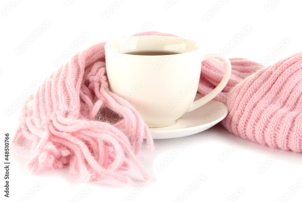 cup of tea with scarf isolated on white
