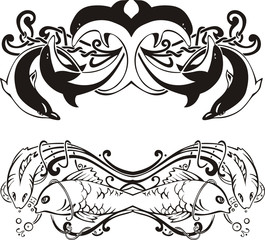 Wall Mural - Stylized symmetric vignettes with dolphins and fish