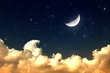 cloudy night sky with moon and star