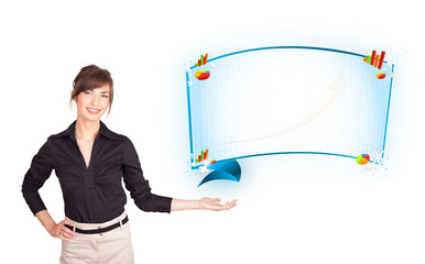 Young woman presenting abstract copy space with graphs and diagr