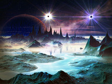 Twin Stars Over Blue Alien Landscape