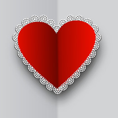 Sticker - Beautiful decorated fold red heart on plane grey background. EPS