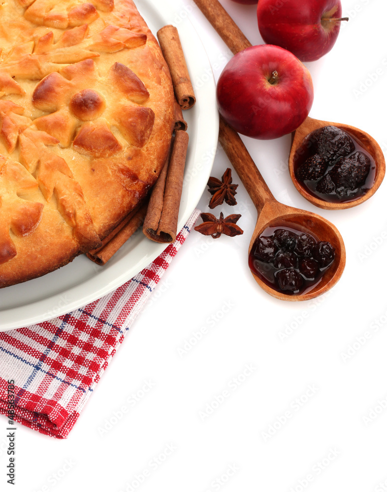 tasty homemade pie, apples and jam, isolated on white