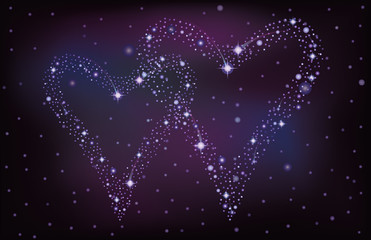 night sky with two stars hearts, vector illustration