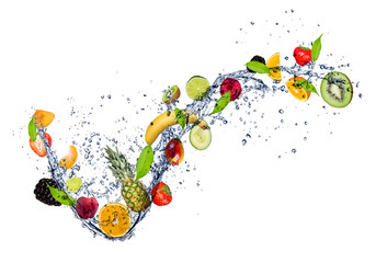 Wall Mural -  Mix of fruit in water splash, isolated on white background