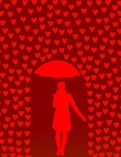 Valentines Day Card With Raining Hearts And Woman With Umbrella
