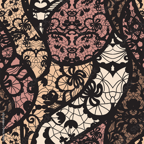 Naklejka na kafelki Black lace vector fabric seamless pattern with lines and waves