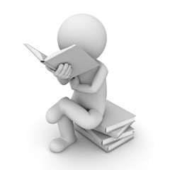 Poster - 3d man sitting on a pile of books and reading book over white