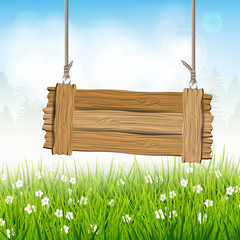 Wall Mural - Spring landscape with wooden sign