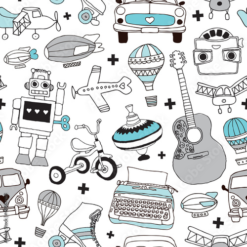 Naklejka ścienna Seamless vintage boys toys background pattern in vector