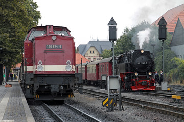 Fototapete - Diesellokomotive und Dampflokomotive der Harzer Schmalspurbahnen