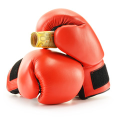 Poster - Pair of red leather boxing gloves and euro banknotes on white