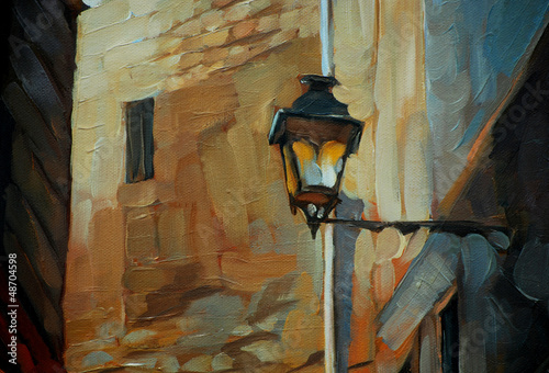 Plakat na zamówienie ancient lantern in Gothic quarter of Barcelona, painting, illus