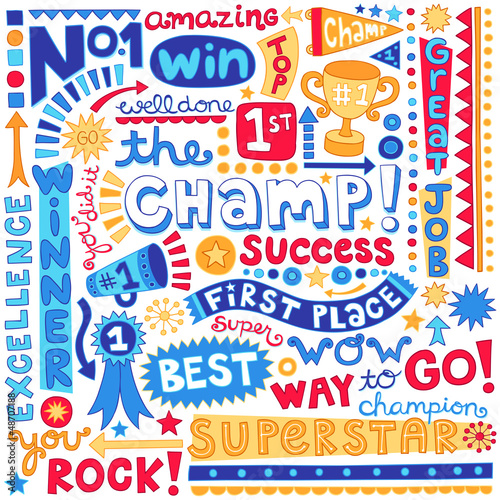 Fotografie, Tablou Sports Champion Winner Trophy Word Doodles Vector Set