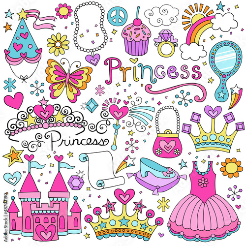 Fotografie, Obraz Princess Fairy tale Tiara Notebook Doodles Vector Set