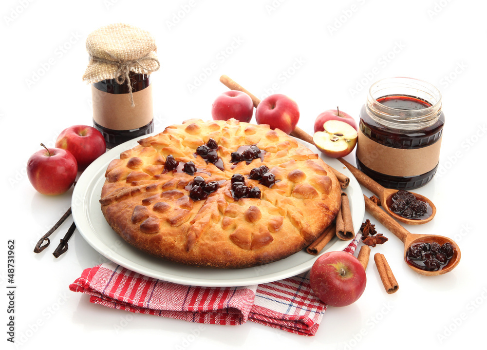 tasty homemade pie, apples and jam, isolated on white