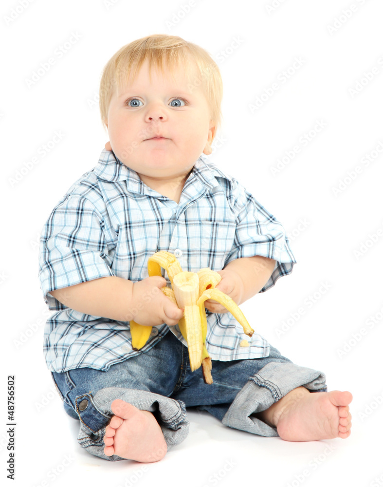 Little boy with banana, isolated on white